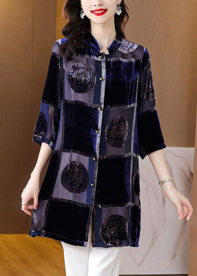 Style Navy Stand Collar Print Chiffon Long Shirt Half Sleeve LY0698 - fabuloryshop