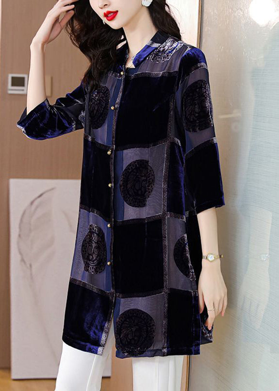 Style Navy Stand Collar Print Chiffon Long Shirt Half Sleeve AC3005 - fabuloryshop