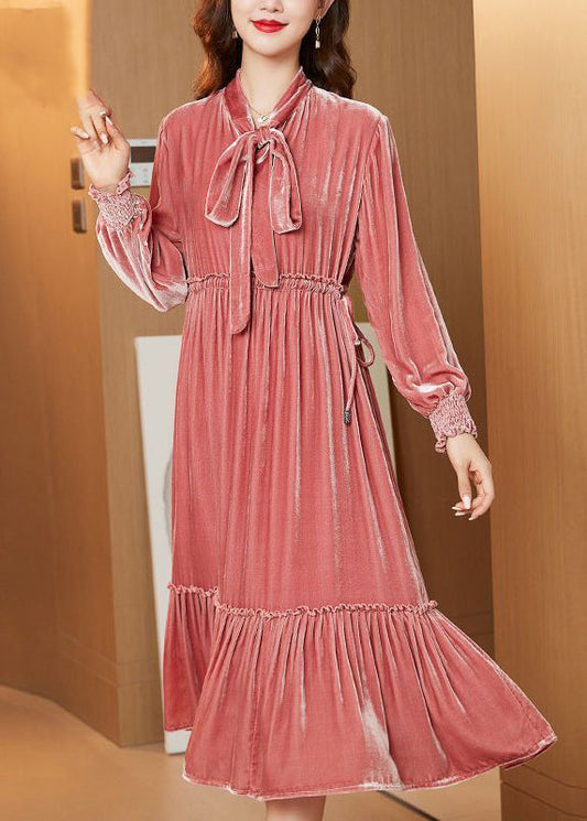 Style Orange Bow Collar Ruffled Silk Velour Cinched Dress Spring LY0954 - fabuloryshop