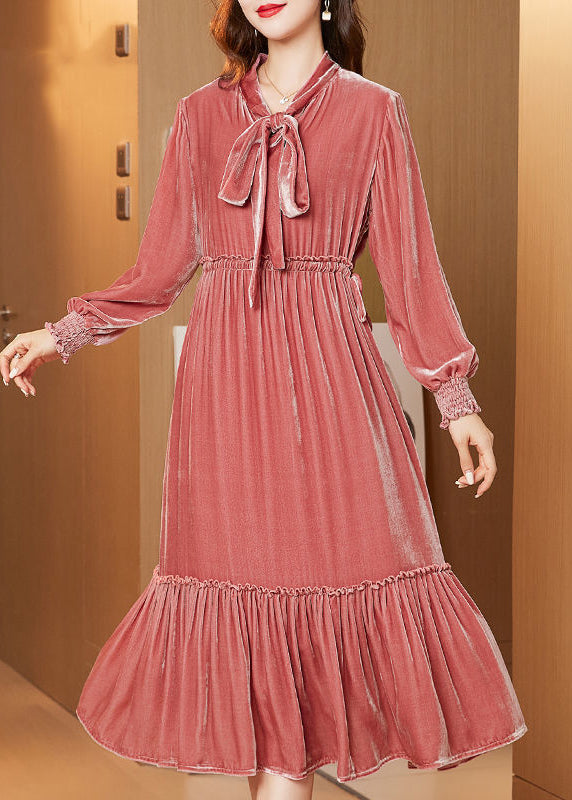 Style Orange Bow Collar Ruffled Silk Velour Cinched Dress Spring LY0954 - fabuloryshop