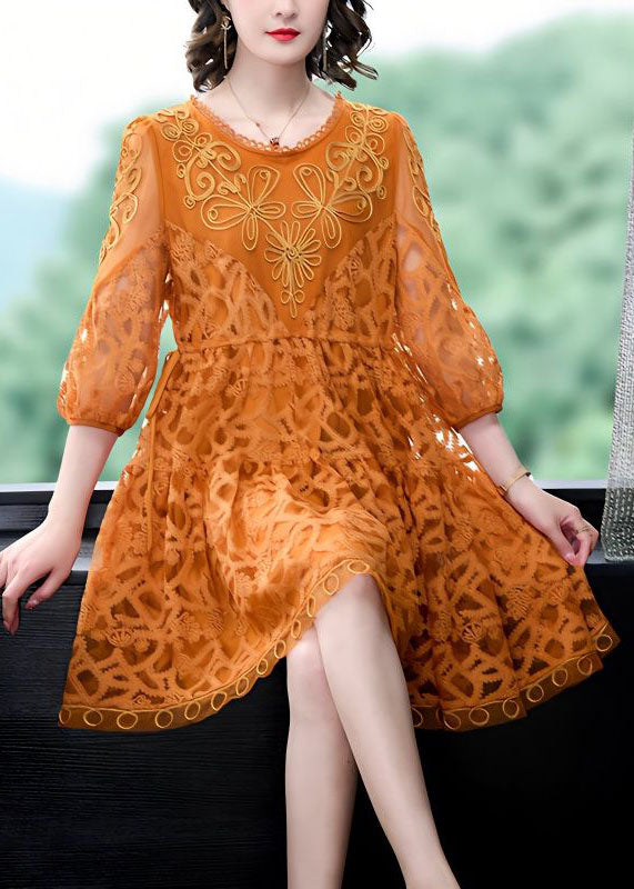 Style Orange Embroideried Patchwork Tulle Mid Dress Summer LY4678 - fabuloryshop