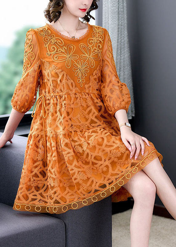 Style Orange Embroideried Patchwork Tulle Mid Dress Summer LY4678 - fabuloryshop