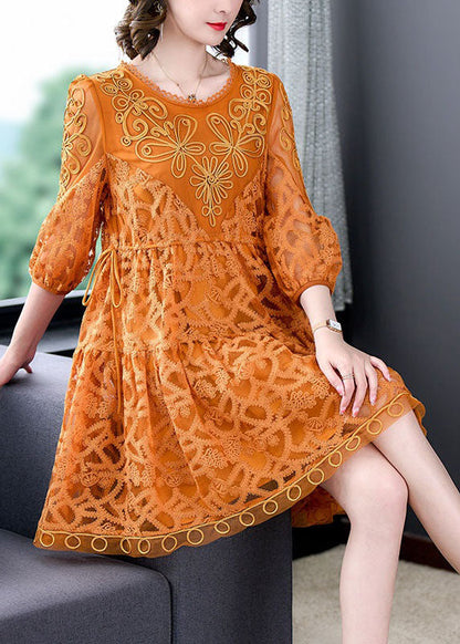 Style Orange Embroideried Patchwork Tulle Mid Dress Summer LY4678 - fabuloryshop