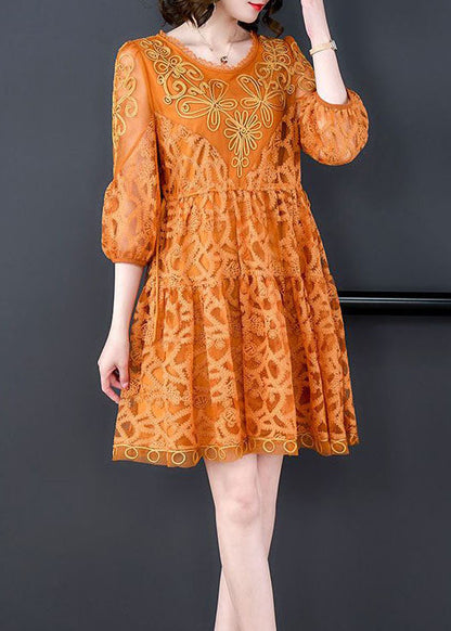 Style Orange Embroideried Patchwork Tulle Mid Dress Summer LY4678 - fabuloryshop