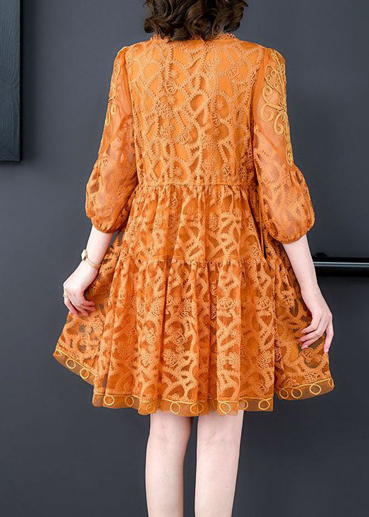 Style Orange Embroideried Patchwork Tulle Mid Dress Summer LY4678 - fabuloryshop