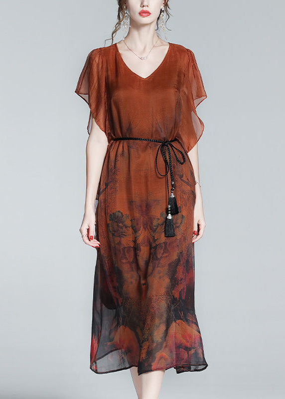 Style Orange O-Neck Print Tie Waist Silk Holiday Long Dress Short Sleeve LY1052 - fabuloryshop