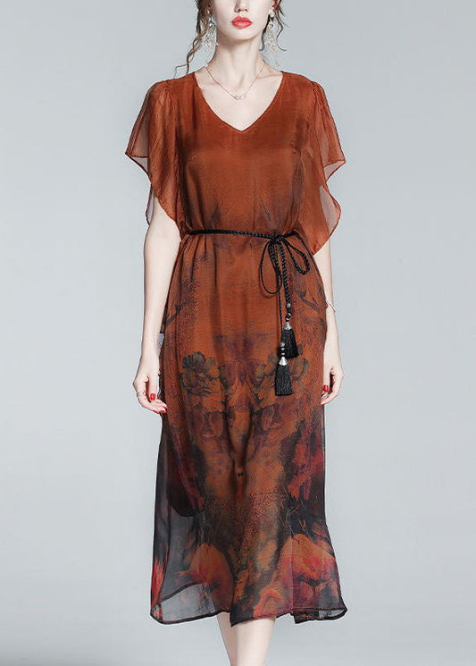 Style Orange O-Neck Print Tie Waist Silk Holiday Long Dress Short Sleeve LY1052 - fabuloryshop