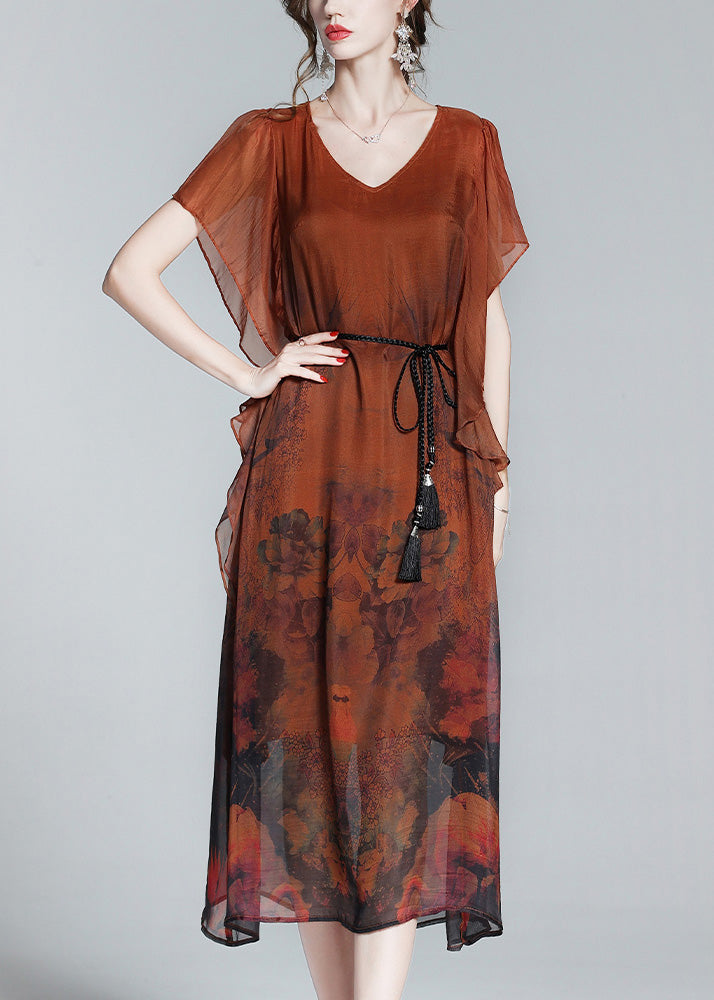 Style Orange O-Neck Print Tie Waist Silk Holiday Long Dress Short Sleeve LY1052 - fabuloryshop