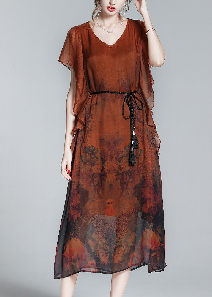 Style Orange O-Neck Print Tie Waist Silk Holiday Long Dress Short Sleeve LY1052 - fabuloryshop