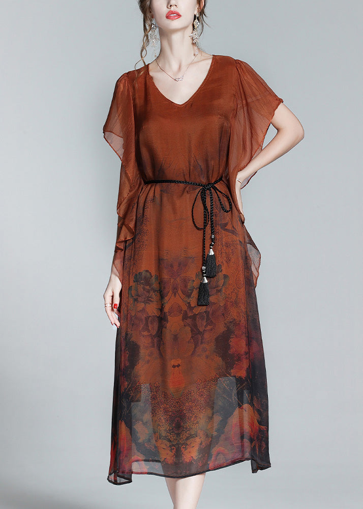 Style Orange O-Neck Print Tie Waist Silk Holiday Long Dress Short Sleeve LY1052 - fabuloryshop