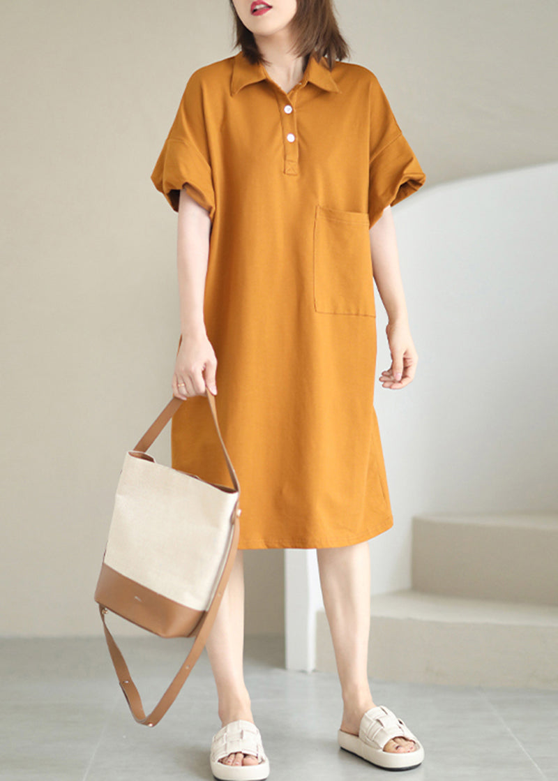 Style Orange Peter Pan Collar Pocket Cotton Maxi Dresses Summer LY5354 - fabuloryshop