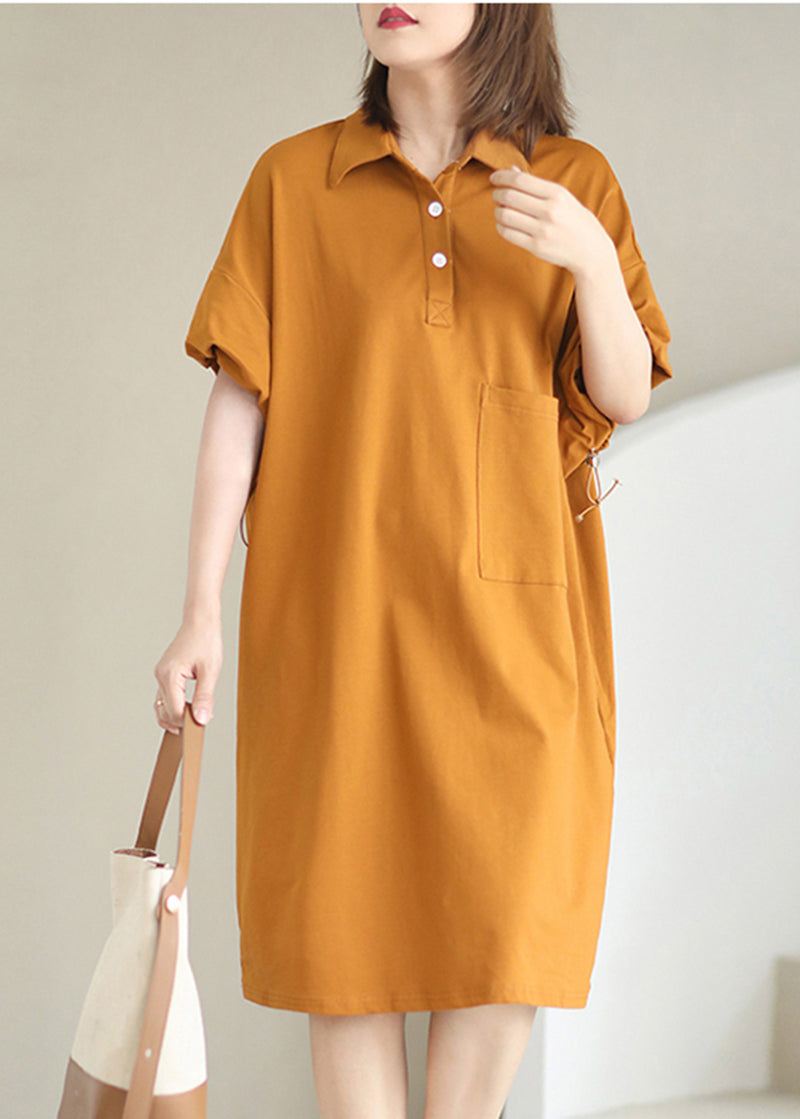 Style Orange Peter Pan Collar Pocket Cotton Maxi Dresses Summer LY5354 - fabuloryshop