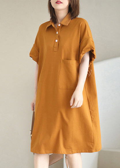 Style Orange Peter Pan Collar Pocket Cotton Maxi Dresses Summer LY5354 - fabuloryshop