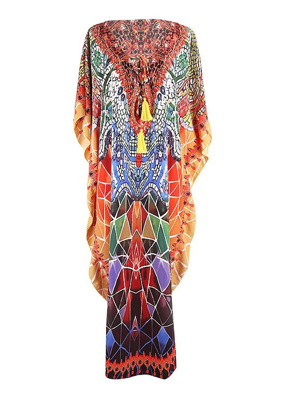 Style Orange V Neck Print Maxi Beach Dress Summer LY3008 - fabuloryshop