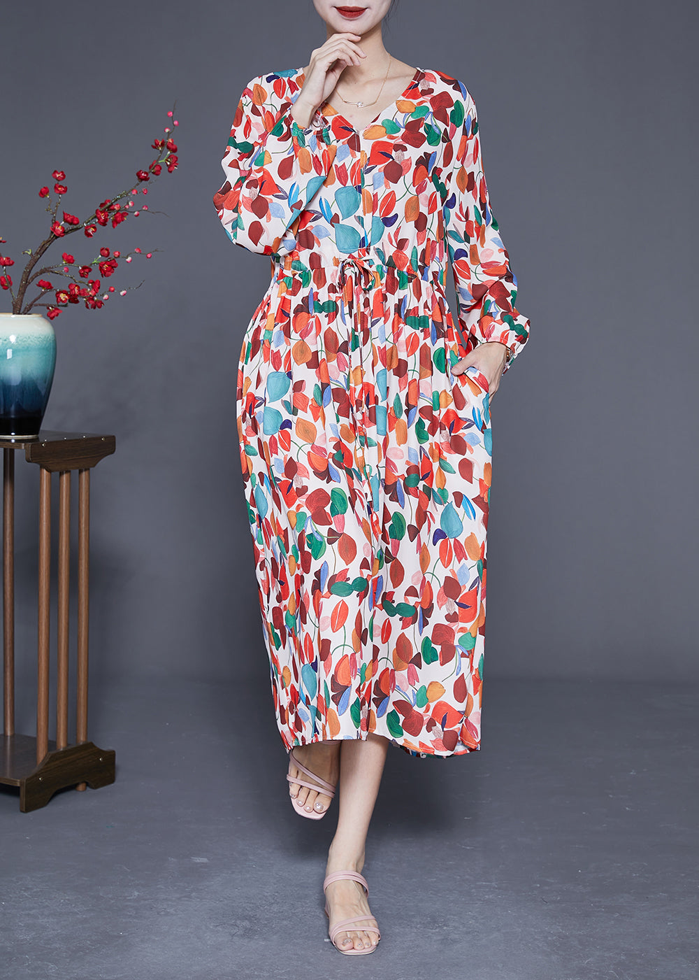 Style Orange V Neck Tie Waist Print Chiffon Maxi Dresses Spring LY1850 - fabuloryshop