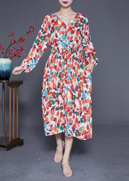 Style Orange V Neck Tie Waist Print Chiffon Maxi Dresses Spring LY1850 - fabuloryshop