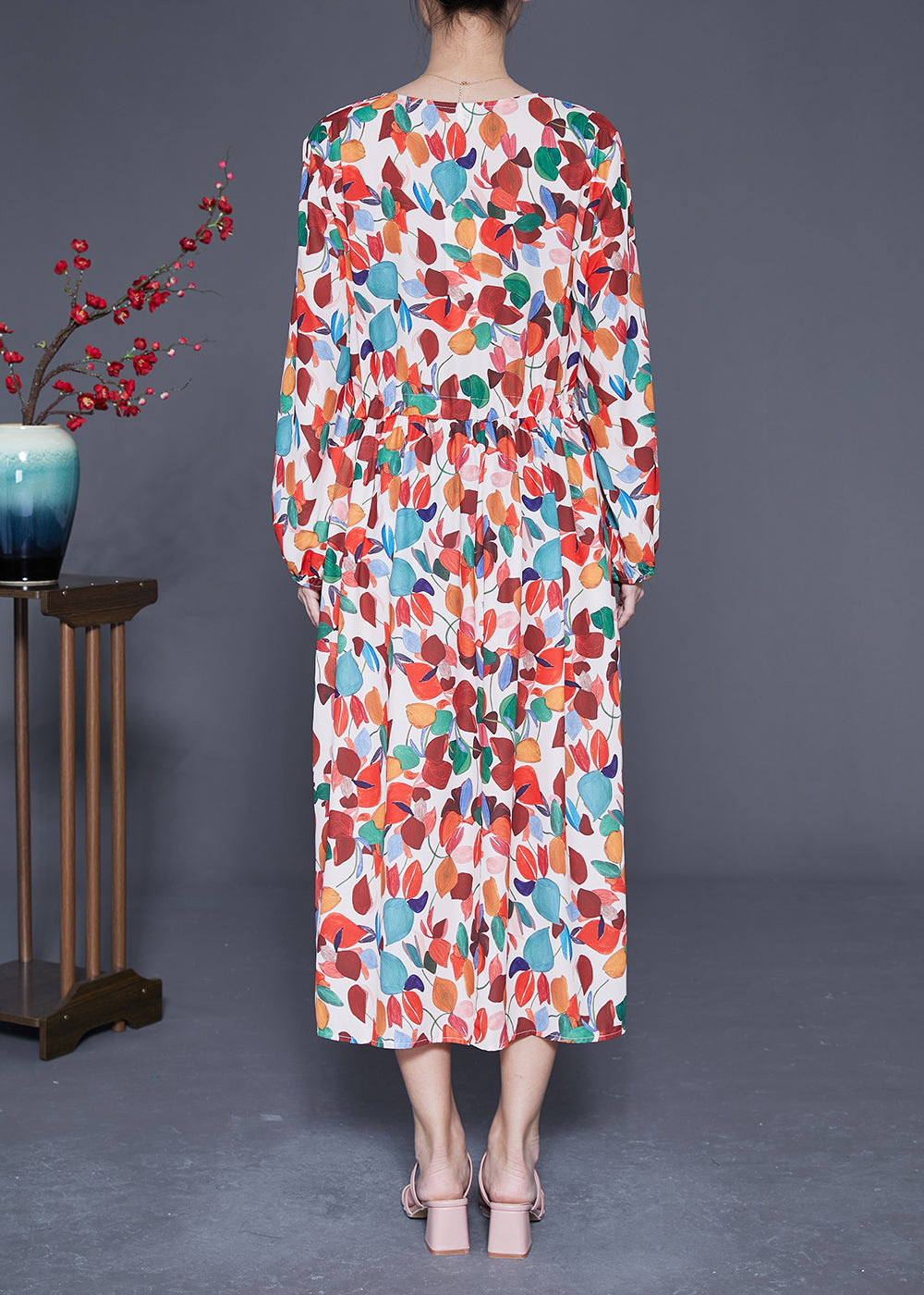 Style Orange V Neck Tie Waist Print Chiffon Maxi Dresses Spring LY1850 - fabuloryshop