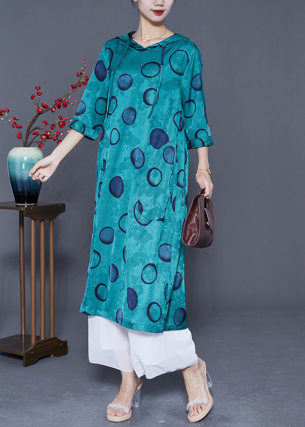 Style Peacock Blue Hooded Print Wear On Both Sides Silk Long Dress Summer LY5424 - fabuloryshop