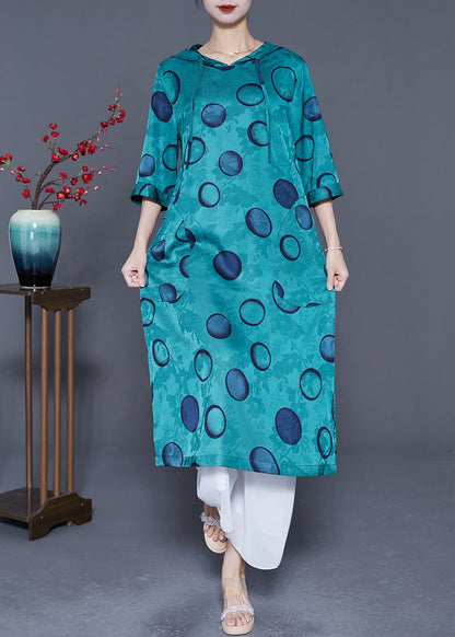 Style Peacock Blue Hooded Print Wear On Both Sides Silk Long Dress Summer LY5424 - fabuloryshop