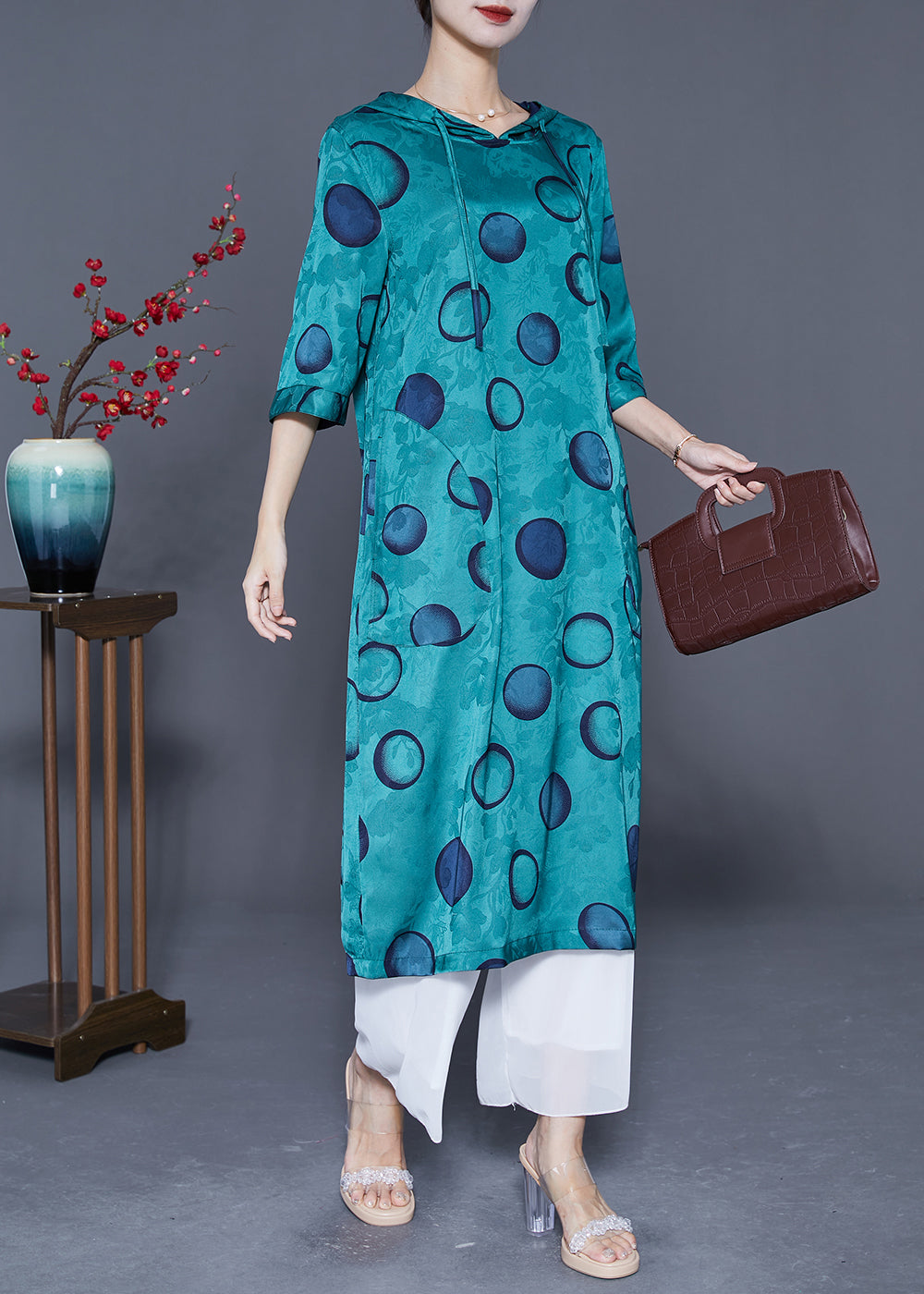 Style Peacock Blue Hooded Print Wear On Both Sides Silk Long Dress Summer LY5424 - fabuloryshop