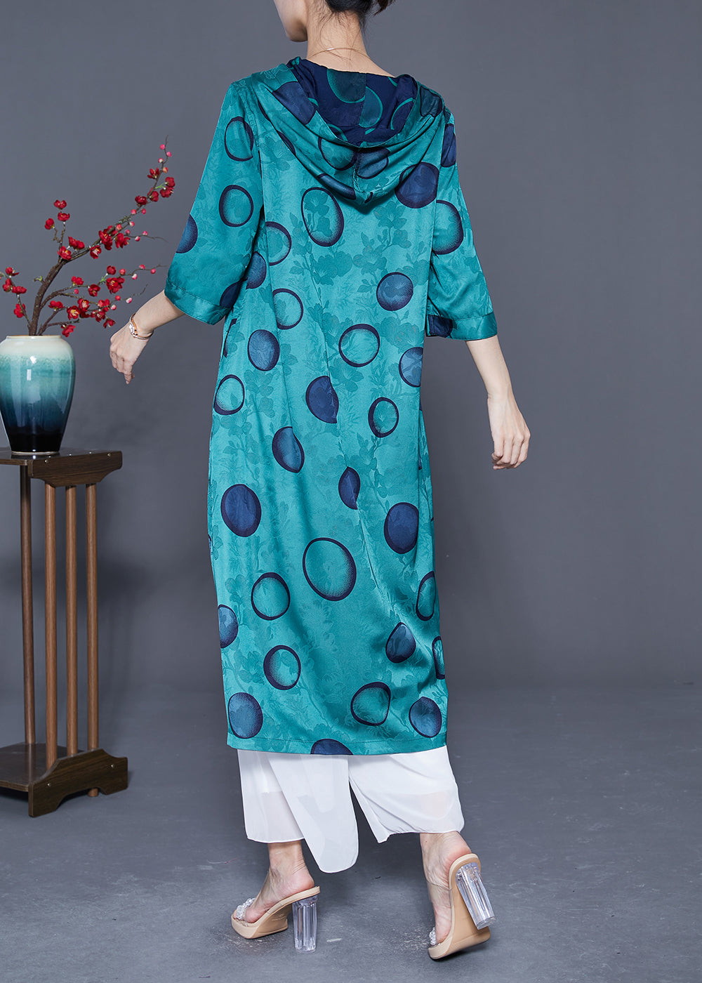 Style Peacock Blue Hooded Print Wear On Both Sides Silk Long Dress Summer LY5424 - fabuloryshop