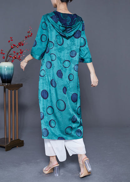 Style Peacock Blue Hooded Print Wear On Both Sides Silk Long Dress Summer LY5424 - fabuloryshop