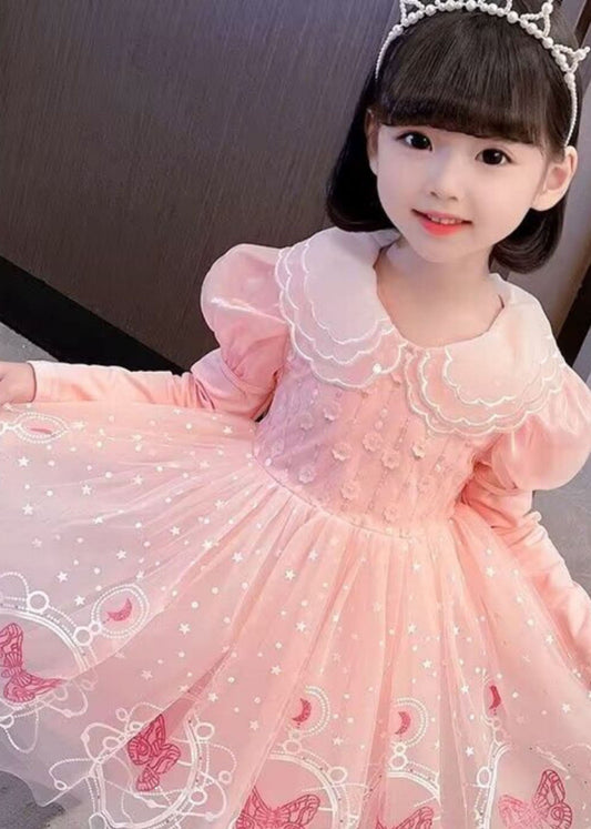 Style Pink Embroideried Patchwork Tulle Kids Long Dresses Long Sleeve Ada Fashion