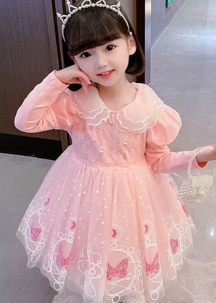 Style Pink Embroideried Patchwork Tulle Kids Long Dresses Long Sleeve Ada Fashion