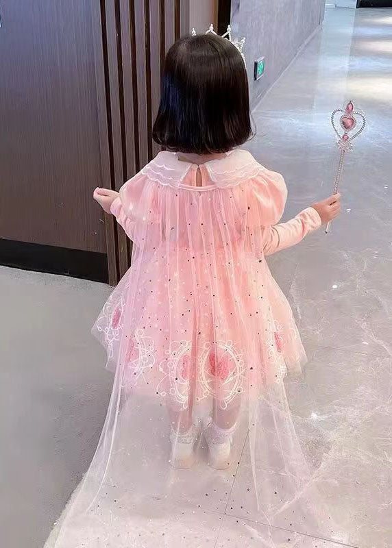 Style Pink Embroideried Patchwork Tulle Kids Long Dresses Long Sleeve Ada Fashion