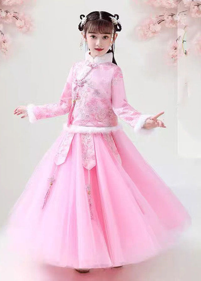 Style Pink Embroideried Warm Fleece Girls Coats And Tulle Maxi Skirts Two Pieces Set Long Sleeve Ada Fashion