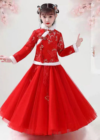 Style Pink Embroideried Warm Fleece Girls Coats And Tulle Maxi Skirts Two Pieces Set Long Sleeve Ada Fashion