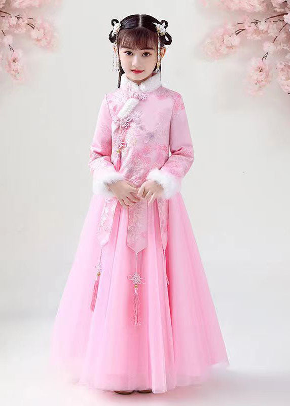 Style Pink Embroideried Warm Fleece Girls Coats And Tulle Maxi Skirts Two Pieces Set Long Sleeve Ada Fashion