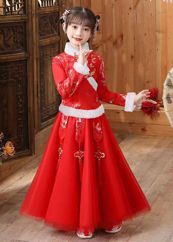 Style Pink Embroideried Warm Fleece Girls Coats And Tulle Maxi Skirts Two Pieces Set Long Sleeve Ada Fashion