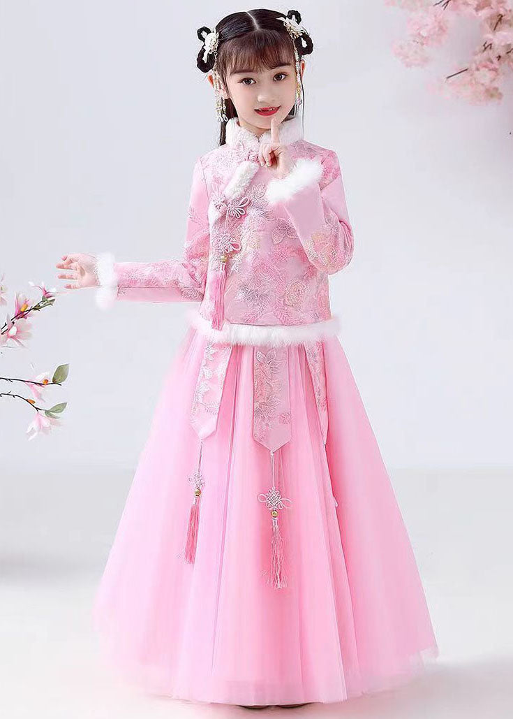 Style Pink Embroideried Warm Fleece Girls Coats And Tulle Maxi Skirts Two Pieces Set Long Sleeve Ada Fashion