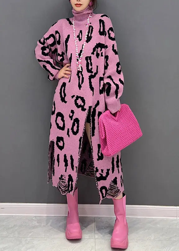 Style Pink Leopard Hign Neck Side Open Knit Long Dress Fall Ada Fashion