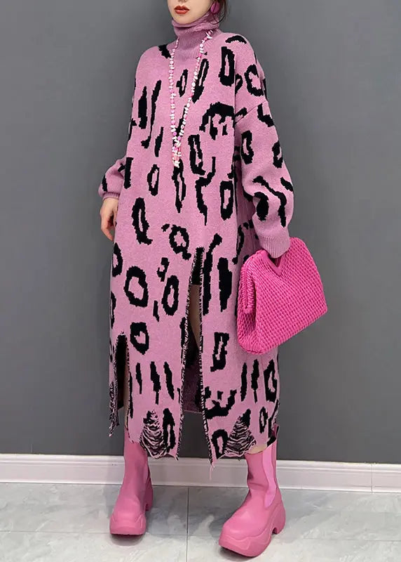 Style Pink Leopard Hign Neck Side Open Knit Long Dress Fall Ada Fashion