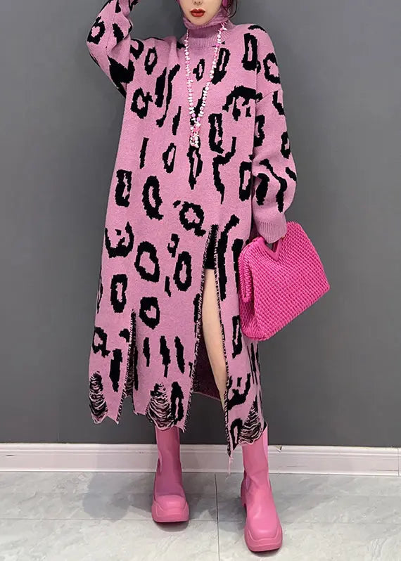 Style Pink Leopard Hign Neck Side Open Knit Long Dress Fall Ada Fashion