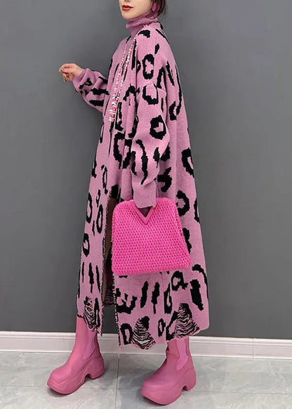 Style Pink Leopard Hign Neck Side Open Knit Long Dress Fall Ada Fashion