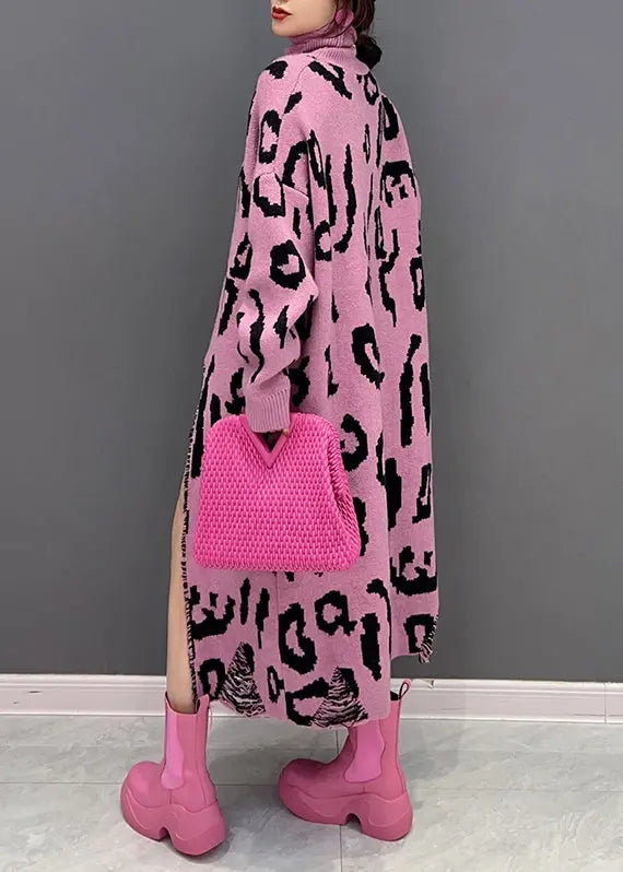 Style Pink Leopard Hign Neck Side Open Knit Long Dress Fall Ada Fashion