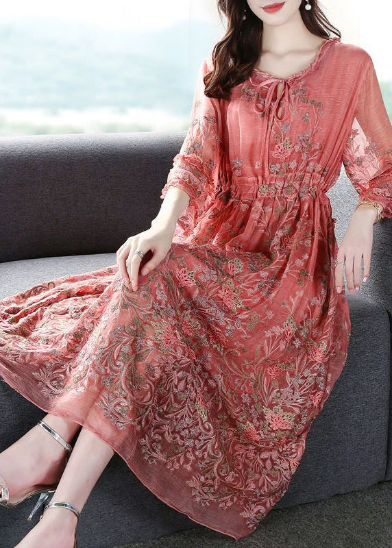 Style Pink O-Neck Cinched Embroideried Silk Maxi Dress Bracelet Sleeve LY0735 - fabuloryshop