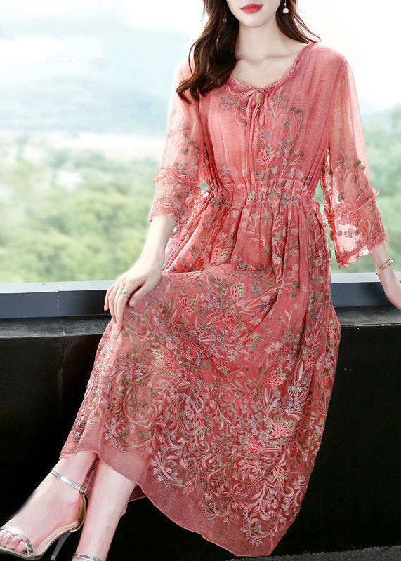 Style Pink O-Neck Cinched Embroideried Silk Maxi Dress Bracelet Sleeve LY0735