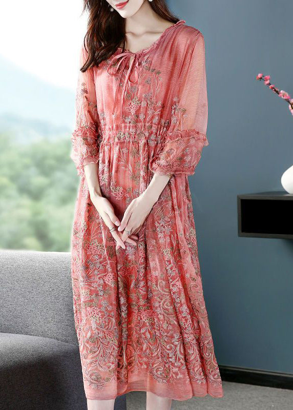 Style Pink O-Neck Cinched Embroideried Silk Maxi Dress Bracelet Sleeve LY0735 - fabuloryshop