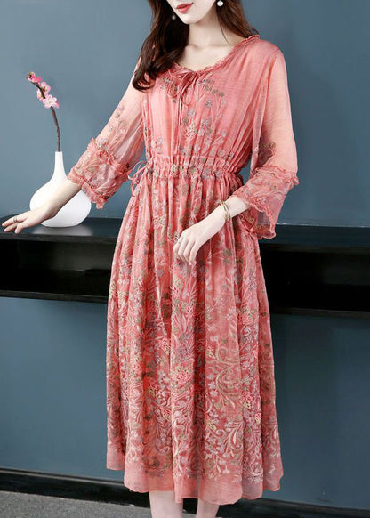 Style Pink O-Neck Cinched Embroideried Silk Maxi Dress Bracelet Sleeve AC3041 - fabuloryshop