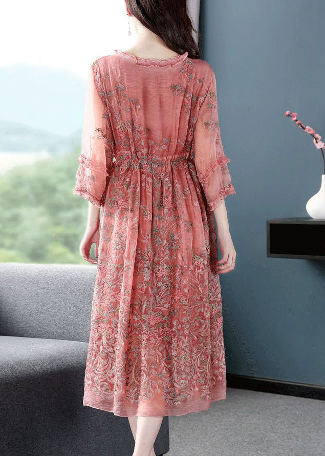 Style Pink O-Neck Cinched Embroideried Silk Maxi Dress Bracelet Sleeve LY0735