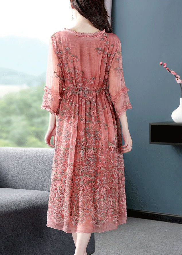 Style Pink O-Neck Cinched Embroideried Silk Maxi Dress Bracelet Sleeve LY0735 - fabuloryshop