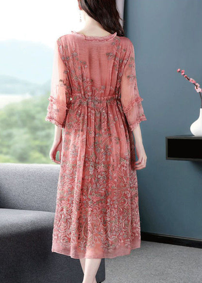 Style Pink O-Neck Cinched Embroideried Silk Maxi Dress Bracelet Sleeve AC3041 - fabuloryshop