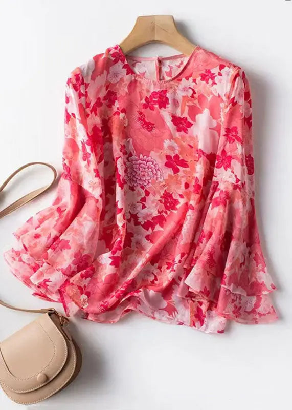 Style Pink O Neck Print Patchwork Chiffon Shirt Butterfly Sleeve Ada Fashion