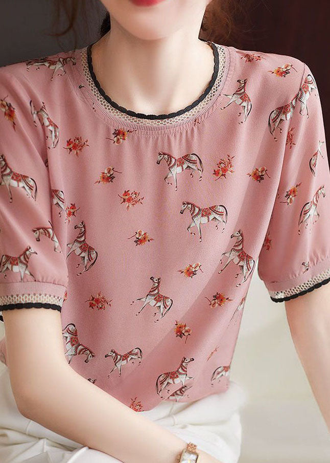 Style Pink O Neck Print Patchwork Chiffon Top Summer LY0076 - fabuloryshop