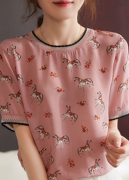 Style Pink O Neck Print Patchwork Chiffon Top Summer LY0076 - fabuloryshop