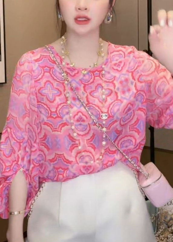 Style Pink O-Neck Print Patchwork Chiffon Tops Bracelet Sleeve LY4670 - fabuloryshop